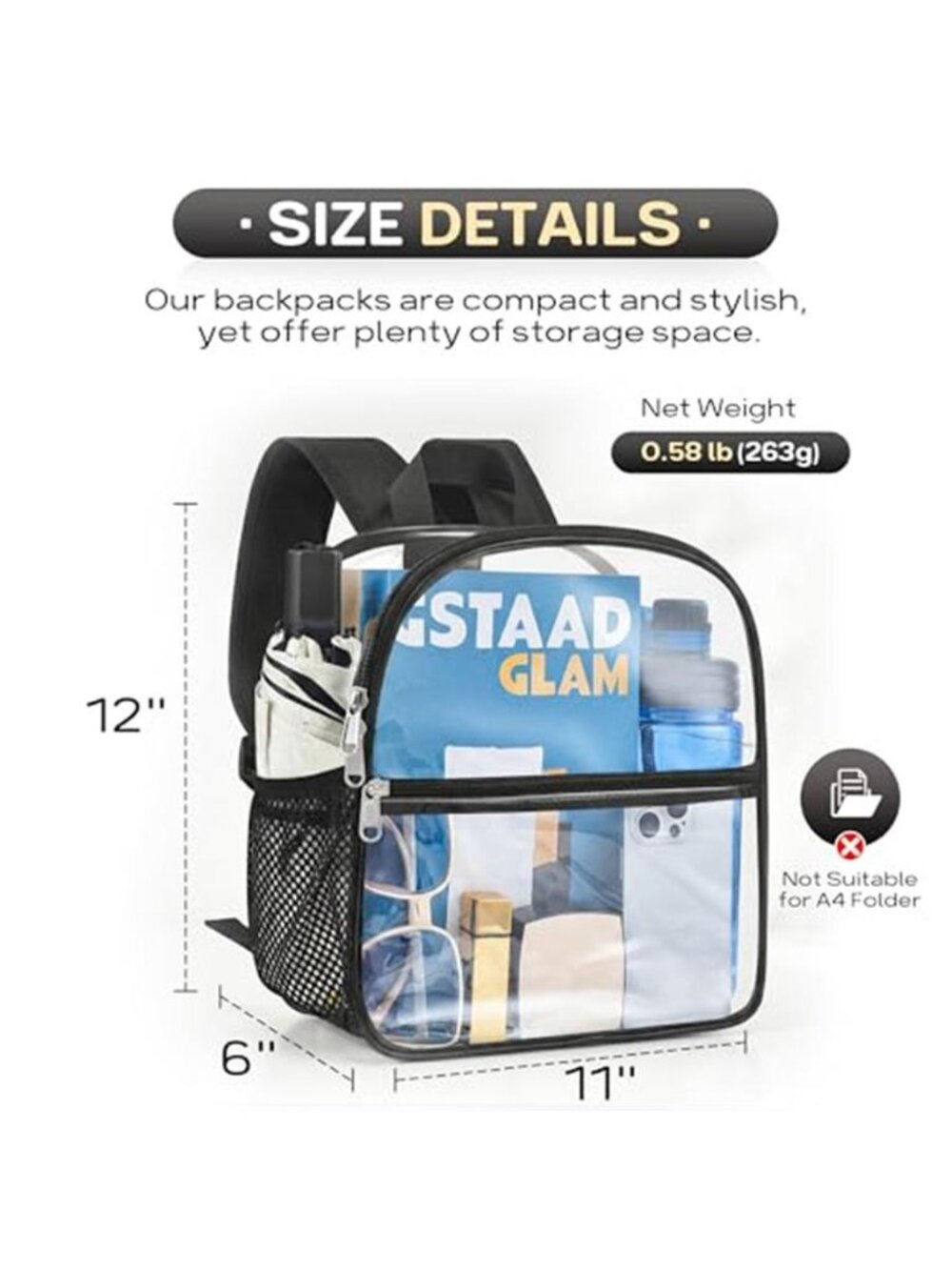 Clear Backpack Stadium Approved, Clear Bag 12 x 6 x 11 in, Small - Picture 3 of 6
